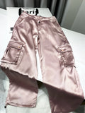 Advbridge Silk Pink Drawstring Satin Baggy Cargo Pants Women Summer Solid Black Beige Gray Wide Leg Trousers Streetwear Vintage Bottoms