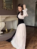 Advbridge 2024 Elegant Contrast Spliced Pleated Maxi Dress Women's Chic Mock Neck Long Sleeve Slim Robe Female New Party Evening Vestido
