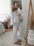 Advbridge Women Solid Lace Up Shirt Two Piece Sets Casual Long Sleeve O-neck Top High Waist Cut Out Pant Suit Spring Summer Lady Outfit