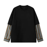 Advbridg  M-XXXXXL Plus Size Men's Fake Two-Piece Crew Neck Sweatshirt - Oversized Fit Trendy Layered Look Striped Long Sleeve Clothing
