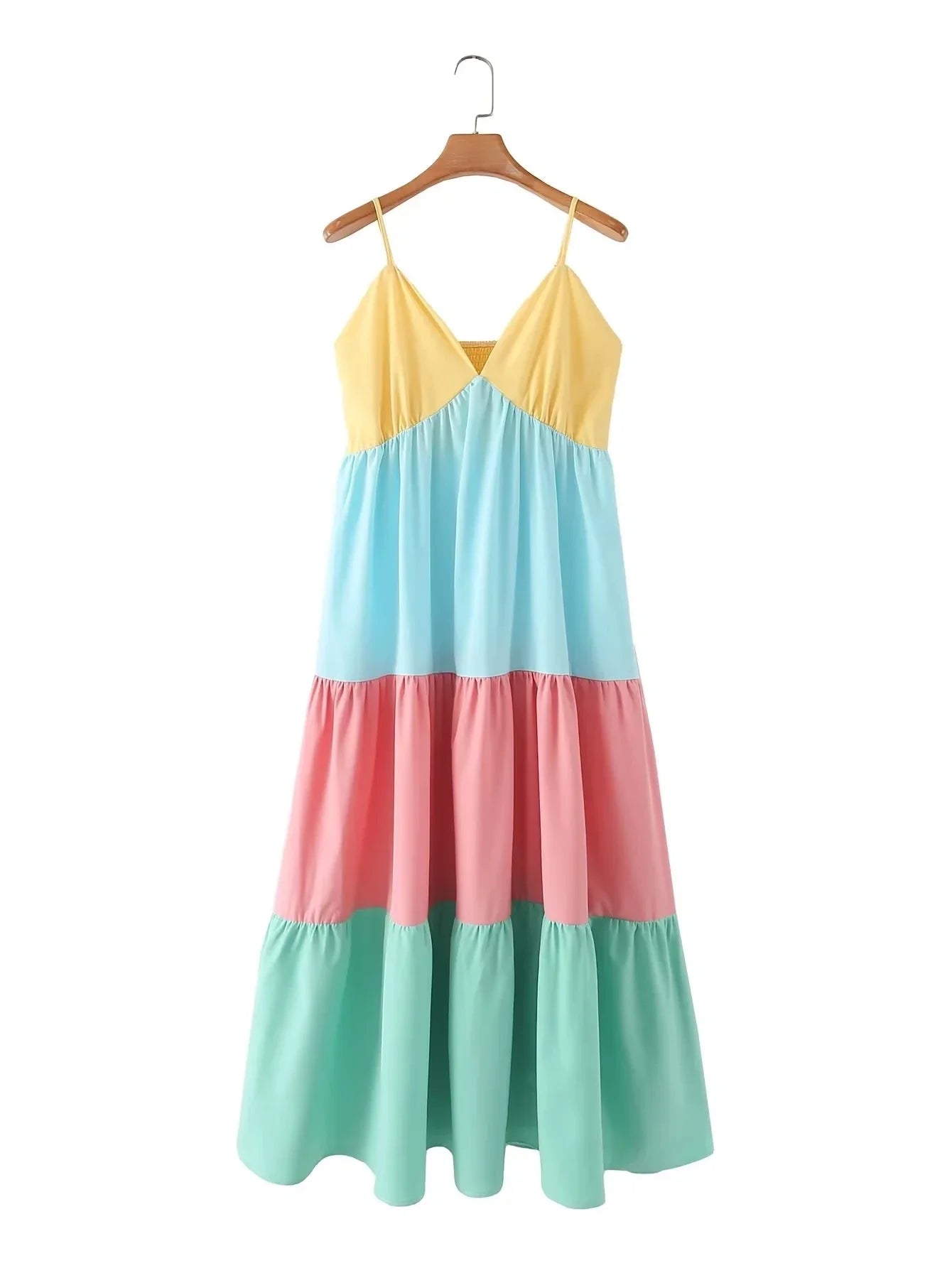 Advbridge Multicolor Patchwork V Neck Sundress Smocked Strap Sleeveless A-line Female Midi Casual Summer Women Vestidos 2024