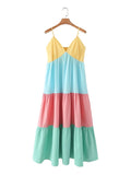 Advbridge Multicolor Patchwork V Neck Sundress Smocked Strap Sleeveless A-line Female Midi Casual Summer Women Vestidos 2024