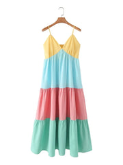 Advbridge Multicolor Patchwork V Neck Sundress Smocked Strap Sleeveless A-line Female Midi Casual Summer Women Vestidos 2024