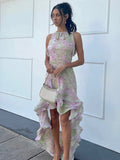 ADVBRIDGE  -  Spring Chic Women Layered Ruffles Floral Printed Robes Elegant O-neck Sleeveless Slim Long Dress Summer Chic Lady Vacation Wear