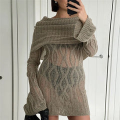 Advbridge Temperamental Slim Party Short Dress Winter Solid Color Perspective Knitted Sweater Elegant Slash Neck Long Sleeve Crochet Dress