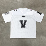 Advbridge Y2K European and American Men New Youth Loose V-neck Sports T-shirt Contrast Stitching Short-sleeved Summer Hip-hop Retro Jersey