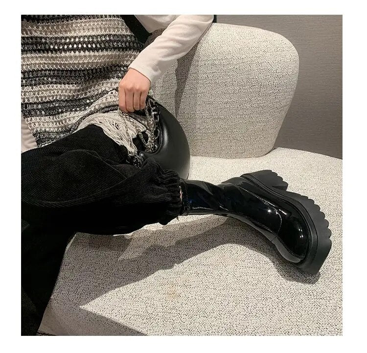 Advbridge Fashion Women's High Boots Platform Shoes Ladies Autumn Winter Korean Vintage Chunky Heels Black Leather Footwear