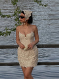 ADVBRIDGE  -  3D Flower Lace Halter Short Dress Crochet Deep V Suspender Cinched Waist Slimming Beach Camisole Women Dresses Sexy Strap Gown