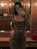 Advbridge Leopard Print Long Dress Women Sexy V-neck Slim Long Sleeve Square Collar Party Club Dresses 2024 Summer Lady Fashion Vestidos