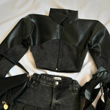 Advbridge Y2K Gothic Leather Patchwork Denim Patchwork Two Piece Women Clothes Harajuku Gothic Zip Jacket Mini Denim Pleat Mini Skirt Set