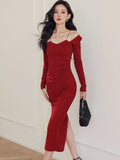Advbridge Elegant Red Bodycon Midi Dresses for Women Chain Square Collar Long Sleeves Slim Autumn New Fashion Slit Party Dress Prom Robe