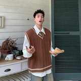 Advbridge V Neck Knit Sweater Male Black Waistcoat Striped Brown Vest Men's Clothing Sleeveless Aesthetic Meme Old Korean Autumn Clothes A