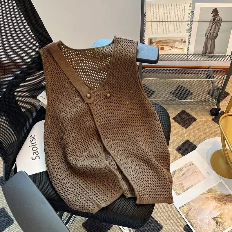 ADVBRIDGE  -  Fashion Design Two Button Knit Vest Women Summer New Hollow Sleeveless Sweater Vest Loose Tank Tops Y2k Clothes