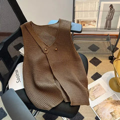 ADVBRIDGE  -  Fashion Design Two Button Knit Vest Women Summer New Hollow Sleeveless Sweater Vest Loose Tank Tops Y2k Clothes