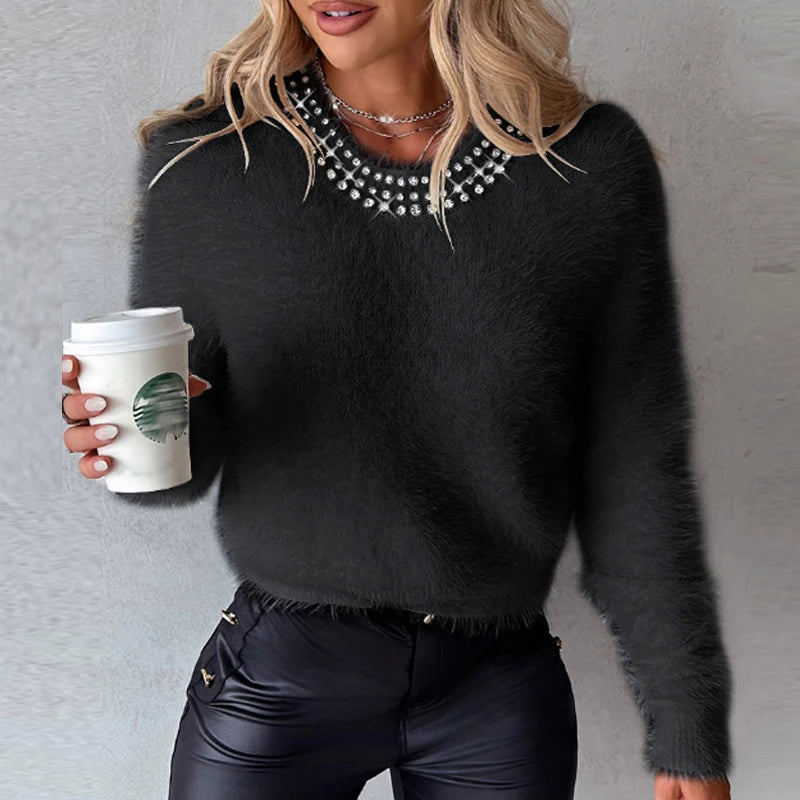 Advbridge Fashion Solid Color Long Sleeve Sweater Autumn Casual O Neck Loose Commute Jumper Elegant Beaded Street Warm Plush Pullover Tops