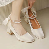 Advbridge Women's Pumps Pearlescent White Wedding Shoes String Bead Ankle Strap Dress Shoes Mid Heels Square Toe Back Bow Pump Red 9734C