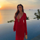 ADVBRIDGE  -  Sexy Deep V Neck Knitted Long Dress For Women Long Sleeve Solid Casual Long Robes 2025 New Lady Spring Vacation Beach Dresses