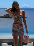 ADVBRIDGE  -  Fringe Printed Women Halter Dress Striped Slim Fit Sexy Bikini Vest Camisole Patchwork Beach Tassel Short Strap Dresses Summer