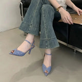 ADVBRIDGE  -  Blue Heels Sandals Black Mesh Women Summer Shoes Pointed Toe Stiletto Heel 8cm Comfortable Ladies Shoes Sandalias De Mujer