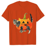 Advbridge Summer Men Funny Street Personality Fun T-Shirt Fashion O Collar Short Sleeve Casual Top Halloween Pumpkin Cat Print Clothing