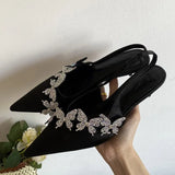 ADVBRIDGE  -  Sexy Crystal Butterfly-knot Women Pumps Elegant Pointed Toe Thin Low Heels Slingbacks Prom Shoes Zapatos De Mujer