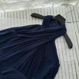 ADVBRIDGE  -  Navy Blue Halter Dress for Women 2025 Summer French Sleeveless Pleated Chiffon Short Dresses with Waist Chain Party Girl's Frock