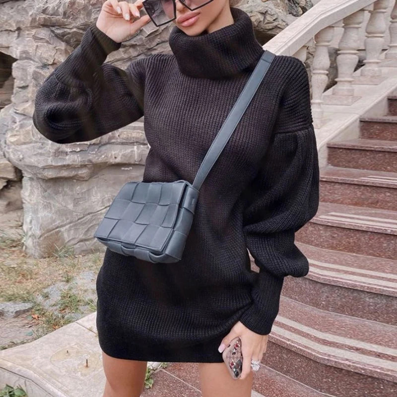 Advbridge Fashion Turtleneck Solid Color Knitted Sweater Winter Casual Lantern Sleeve Loose Sweater New High Street Pullover Sweater Dress