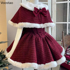 Advbridge Japanese Sweet Lolita Dress Set Women Kawaii Bow Plush Shawl Short Jackets Party Mini Dress Suit Christmas New Year 3 Piece Set