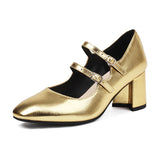 Advbridge Big Size Spring Women Pumps Thick Block High Heels Round Toe Patent Leather Office Dress Party Bridal Gold Lady Shoes Designer