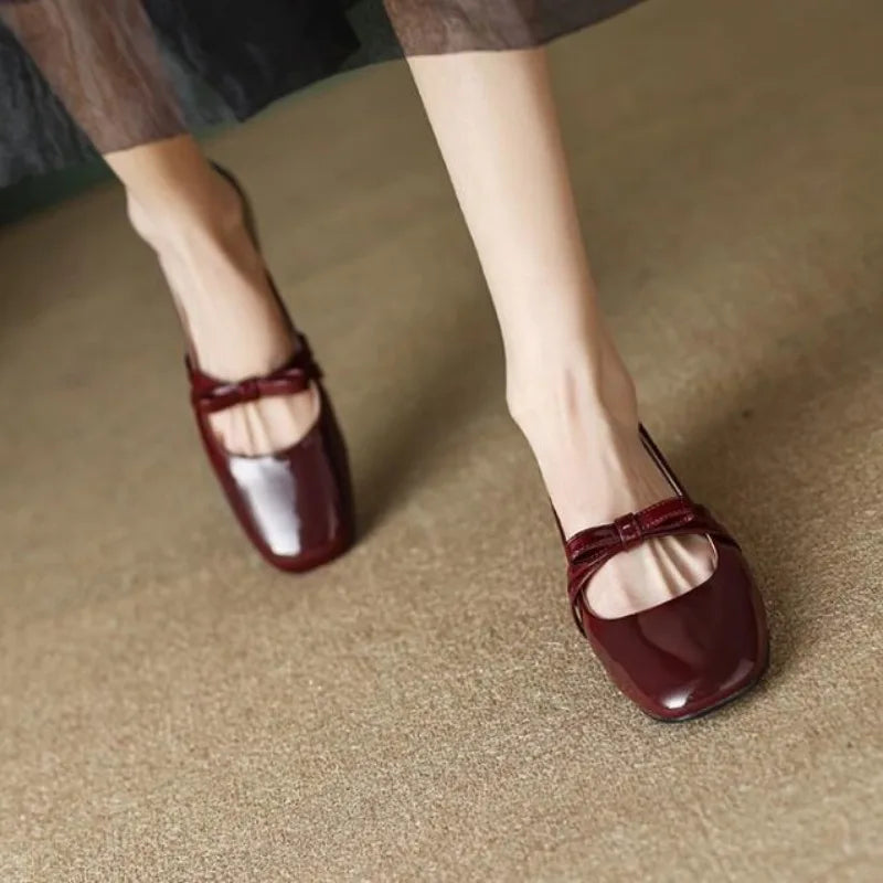 Advbridge -  New Women Mary Jane Shoes Red Ladies Footwear Japanese Style Lolita Low Heel Elegant Bow Leather Shoes Chunky Heel Shoes