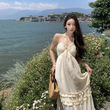 ADVBRIDGE  -  New Summer French Sleeveless Suspender Dress Seaside Vacation Long Beach Dress Ruffle Cake Backless Sexy Maxi Dresses