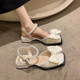 Advbridge Closed Toe Sandals Female Shoe All-Match 2024 Women's Med Clear Heels Girls Bow New Medium Comfort Beige Block Square Summer Ret