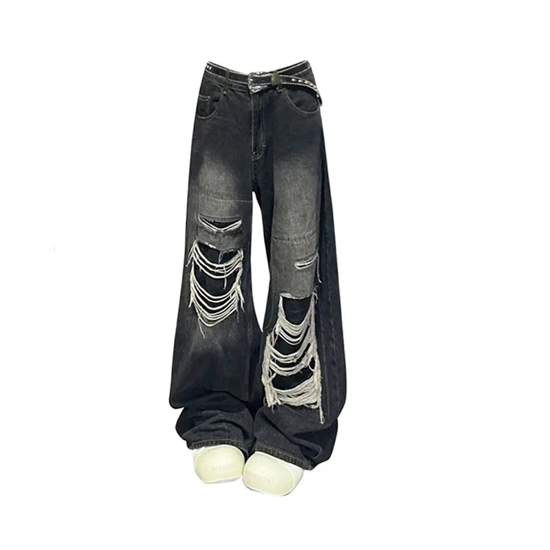 Advbridge Women's Black Gothic Y2k Ripped Jeans Baggy Aesthetic Denim Trousers Harajuku Oversize Jean Pants Vintage 2000s Trashy Clothes