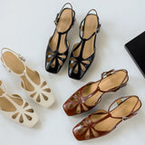 ADVBRIDGE  -  Women's cow leather hollow-out t-strap sandals 4cm thick med heel square toe elegant ladies summer pumps heeled shoes for woman