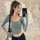 Advbridge -  Sweet Girl Grey Square Collar Long-sleeved T-shirt Women's Autumn Fishbone Slim Fit Short Bottoming Top Fashion Female Clothes