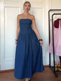 ADVBRIDGE  -  Elegant Denim Sleeveless Long Dress Fashion Off Shoulder High Waist Backless Puffy Gown New Female Summer Club Party Robes 2025
