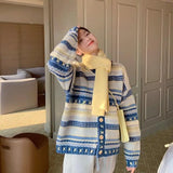 Advbridge Knitted Sweater Women's Heavy Industry Hook Flower Sweater Coat Striped Design Cardigan Women