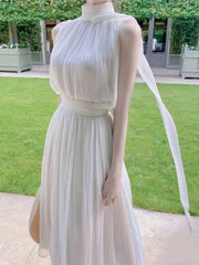 Advbridge Summer Women's 2-Piece Skirt Set Korea Style Fashion Sleeveless Halter Neck Slim White Dress Suit Fairy Female Clothes Solid