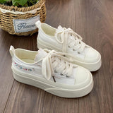 ADVBRIDGE  -  Summer Women Low Top Chunky Canvas Sneakers Embroidered Flowers White Shoes Student Casual Skate Shoes Height Increase