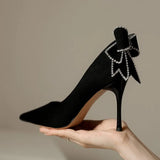 Advbridge Ladies Summer Footwear Super High Heel With Bow Rhinestone Crystals Stilito Diamond Black Shoes For Women  Young On Sale E A