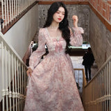 Advbridge Long Sleeve Midi Dress Women Sweet Princess Girls Floral Print Flattering Waist Bow Square Collar Spring Design Elegant Temper