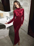 Advbridge Elegant Women Solid Twist Pleated Velvet Long Dress Fashion High Collar Full Sleeves Slim Suede Robes Chic Lady Party Club Gowns