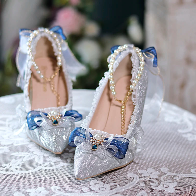 Advbridge Lolita High Heels Sweet Lolita Shoes Shiny Pointed High Heels Flower Wedding Silver Blue Sandals Heels Adult Gift For Daughter