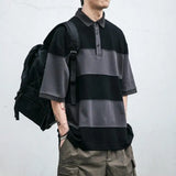 Advbridge Japanese Style Summer New Men's Turn-down Collar Spliced Striped Button Fashion Vintage Loose Half Sleeve Tops T-shirt