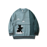 Advbridge Cat Embroidery Colorblock Knitted Sweater For Men Hip Hop Pullovers Sweater Streetwear Retro Cotton Loose Couple Sweater Autumn