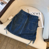 Advbridge New Summer Trend Hot Girl Sexy Style High Waist Side Drawstring Mini Denim Skirt Solid Color Stretch Skinny Women A-Line Skirt