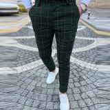 Advbridge Men Clothing Vintage Plaid Trousers Streetwear Slim Pockets Long Pants Business Fashion Mid Waist Button Pencil Pants