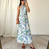 Advbridge -  Elegant Off Shoulder Cross Halter Party Dress Fashion Pattern Print Loose Long Dress Lady Casual Sleeveless Backless Beach Dress