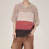 Advbridge Men Luxury Knit Polo Shirt Breathable Casual Hollow Out T Shirt Fashion Turn-down Rainbow Striped Short Sleeve Fishnet Tops Tees