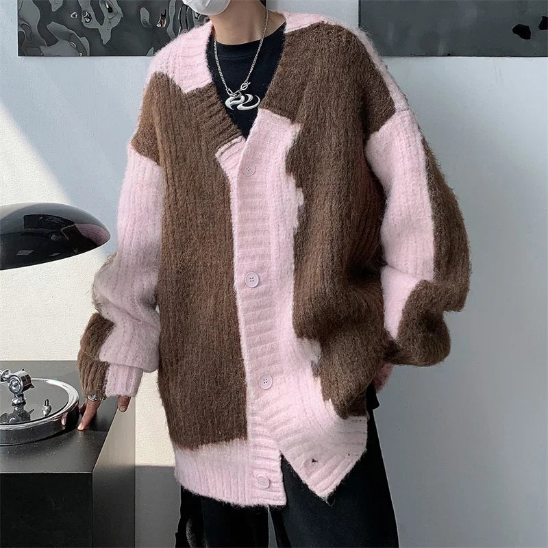 Advbridge Mens Jacquard Patchwork Knit Cardigan Sweater Korean Popular Retro Long Sleeve Streetwear Cardigans Leisure Knitwear Sweatercoat